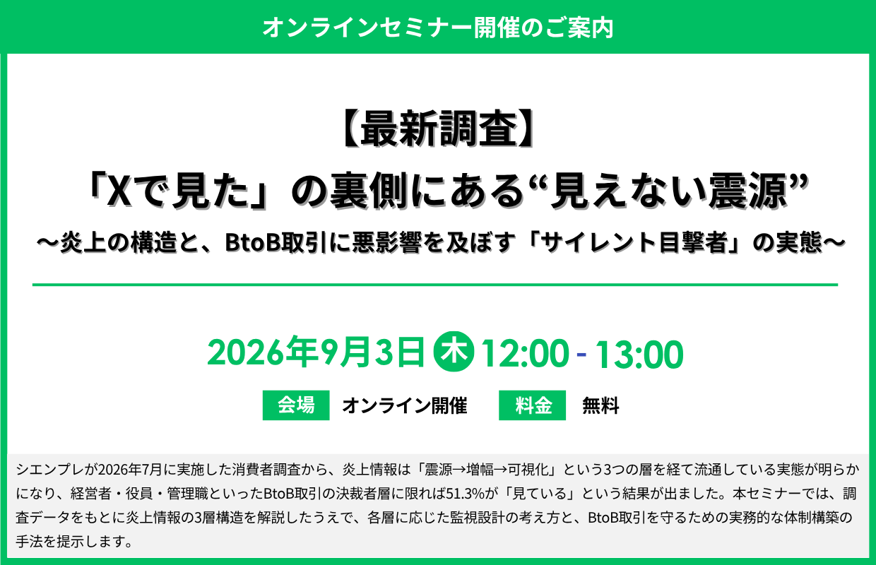 https://www.siemple.co.jp/wp-content/uploads/2026/08/【最新調査】『Xで見た』の裏側にある見えない震源-〜炎上の構造と、BtoB取引に悪影響を及ぼす『サイレント目撃者』の実態〜.png